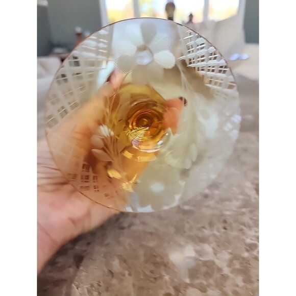 Amber Depression Glass Votive Holder With Etched Pattern - Picture 3 of 5